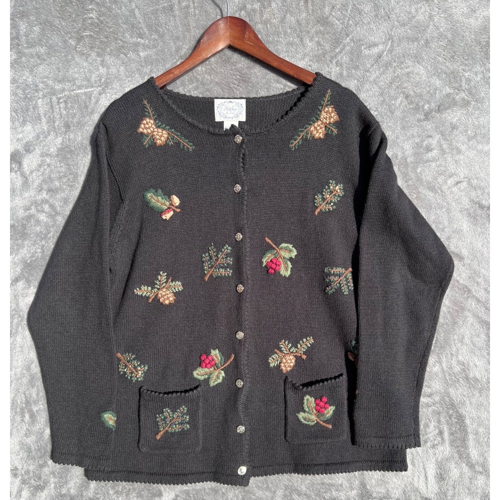 Stitches In Time Cardigan Sweater Womens Large Fall Leaves Embroidered Vintage
